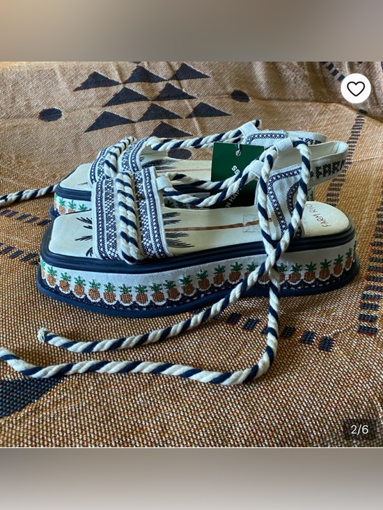 FARM Rio Shoes - FARM Rio Cream and Navy Embroidered Platform Sandals with Pineapple Trim